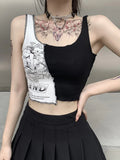 Dark Punk Style Patchwork Tank Tops Aesthetic Letter And Graphic Print Women Crop Top Color Blocking Sleeveless