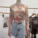 Fongt Not Sultry Hot Tie Dye Net Yarn Long-Sleeved T-Shirt Drawstring Tethered With Short-Sized T-Shirt Horn Sleeve Top 8929