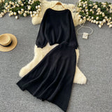 Fongt Windy Woman Languid Languid Breeze With Long-Sleeved Knitted Shirt + High Waist Swing Sweater Half-Dress Skirt