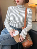 Fongt Half High Collar Striped Long Sleeve T-Shirt Bottom Shirt Women's New Autumn Ins Slim Wood Ear Inside The Top-Outfit