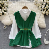 Fongt Sets + V Cooked Two Autumn Dress New Loose Wind Collar Knitted Tagonal Knitting Set Shirt Collar