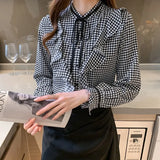 Ruffles Loose Plaid Shirt Printing Chiffon Women's Blouse Summer Large Size Long Sleeve Top Casual Fashion 2022 New