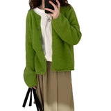 Soft Waxy Round Neck Long-Sleeved Knitted Cardigan Women's 2024 Autumn And Winter Short Lazy Style Solid Color Sweater Jacket-Outfit
