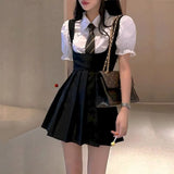 Work Clothes Black Dress Strap Dress Women Summer Hot Girl Jk Uniform Sling Pleated Skirt Puff Sleeve Shirt