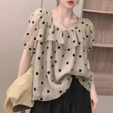 Sweet Polka Dot Printed Shirt Women's Elegant Square Collar Ruffles Spliced Loose Casual Puff Sleeve Drawstring Blouse-Outfit