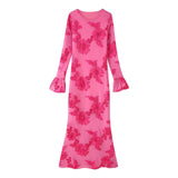 Fongt New Three-Dimensional Platt Flower Horn Sleeves Solid Long-Sleeved Dress