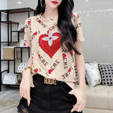 Women's Clothing Casual Round Neck Pullovers Fashion Character Printed 2023 Summer Short Sleeve Commute Slim Patchwork T-shirt-Outfit