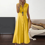 New Long Cotton Linen Buttons Downs Shirt Dress Simple Loose Turn-down Neck Temperament Sleeveless Dress Women Dress-Outfit