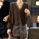 Lady Stylish Lace Spliced Shirt Spring Autumn Elegant V-Neck Female Clothing Single-breasted Vintage Casual Loose Blouse-Outfit