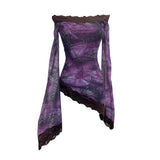 Fongt Leopard Print Lace Spliced Double-Layer Mesh Shoulder Irregular Loudspeaker Top 9912