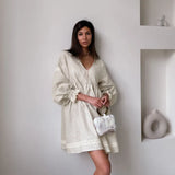Fongt Women's Summer New Cotton And Linen French Skirt Temperament Commuter V-Collar Lantern Sleeve Loose Dress-Outfit