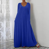 Fongt New Long Dress Casual Loose Short Sleeve Pure Color V Collar Body Size Dress