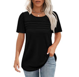 Fongt Women's Summer Round-Neck Short-Sleeved Chest Tuck Line Folded Blouse T-Shirt