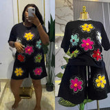 Fongt Set European Dress Design Butterfly Set Drill Short Sleeve T-Shirt Blouse Woman + Tight Waist Broad Leg Shorts Two Sets