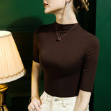 Modal Tshirt Top Women Half Sleeve Turtleneck T-shirts Tees Girl Solid Slim Basic Undershirt T shirt-Outfit