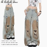 Fongt Multi-Pocket Work-Wear Ripped Jeans Women's Summer Design Feel Loose High-Rise Straight Broad Leg Pants