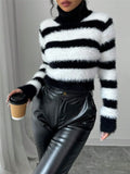 Fongt And Winter New Women's High-Collar Striped Sweater Top Knitted Hottie Lazy