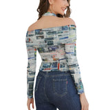 Girls Style Tie One-Word Shoulder Long-Sleeved Sexy Newspaper Printed Blouse 2024 Spring And Autumn New T-Shirt-Outfit