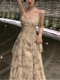 Strap Ruffles Dress 2023 Summer New Women Fashion Elegant Midi Print Vintage Dresses Female Evening Clothes