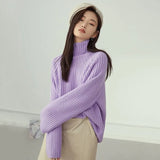 Turtleneck Long Sleeve Knitted Pullover Top Winter Thick Oversized Green Women's Sweater Vintage Female Purpel