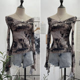 Fongt Shooting Strapped With Hollow Retro Print Long-Sleeved Mesh T-Shirt Ribbon Design Spring And Summer Top 1195