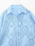 Women's Lapel Hollowed-Out Embroidery Long-Sleeved Single-Breasted Shirt 7969071-Outfit
