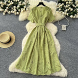 Fongt Dress French Retro Heavy Industry Hollow Embroidery Round Neck-Waist Short-Sleeved Dress Female Thin Single Row Buckle Long Skirt