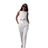 Fongt New 2024 Summer Sleeveless Vest Jacket High Waist Straight Leg Pants Solid Color Two-Piece Set-Outfit