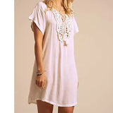 Women Dress 2019 Bohemian Dresses White Casual Beach Cotton Dress Tunic For Beach Patchwork Shirt