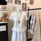Fongt Lace Spliced Under Hem Short Sleeve Lace T-Shirt Summer New Slim White Collar Showing Thin Bottom