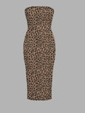 Fongt Sexy Leopard Prints Without Shoulder Straps To Long Casual Dress