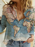 Fongt Women's Clothing 2025 Summer New Shirt Fashion Map Depicts Printed Long-Sleeved Top Women