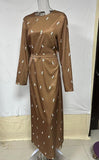 Fongt Fall 2023 New Round Collar Floral Long Sleeve Belt Shows Thin Hip Dress-Outfit