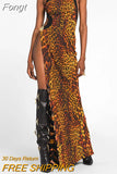 Women's Printed Leopard Print Side Slit Long Bandage Sexy Sleeveless One Shoulder Open Back Skinny Celebrity Party