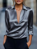 Fongt Autumn Temperament Simple V-Neck Shirt Long-Sleeved Shirt Woman