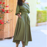 Fongt Women's Slanted Shoulder Tie Strap Belt Belt Solid Color Swing Spring Dress