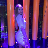 Women Sexy Tassel Lace Mini Dress Hollow Out Mesh Bodycon Dresses 2021 Summer Night Club Party Flocking Fairy Core Fall