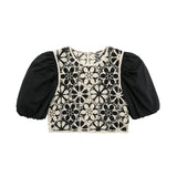 Women Fashion Contrast Crochet Poplin Crop Blouses Vintage Puff Sleeves Back Buttons Female Shirts Blusas Chic