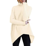 Fongt Winter Women Irregular Hem High Collar Jumper Long Sleeve Knit Sweater
