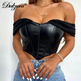 Pu Faux Corset Top Strap Camis Patchwork Bodycon Sexy Streetwear 2023 Autumn Winter Club Party Elegant Bustier