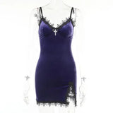 Dark Vintage Gothic Emo Black Women Mini Dresses Grunge Punk Velvet Bodycon Party Strap Dress Lace Sexy Slit Hem