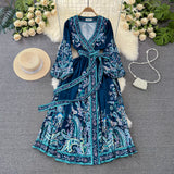 Fongt Court Lantern Long Sleeve V-Neck Belt With A Word Print Dress Elegant Swing Dress Long