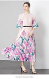 Fongt Exquisite Dress Women 2025 New Lazy Wind Collar Mid-Sleeves To Close The Waist Temperament 100-Fold Printing Skirt