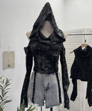 Fongt Shooting Doomsday Wasteland Wind To Make Old Worn Hooded Long-Sleeved T-Shirt Short High-Waisted Umbilly Top 9259