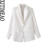 Women Fashion One Button White Jacquard Texture Blazer Coat Vintage Long Sleeve Flap Pockets Female Outerwear Chic