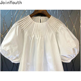 Fongt Blouse for Women 2023 Blusas Mujer De Moda O-neck Puff Sleeve Loose Folds Summer Shirts Korean Temperament Tops Female 1215-0-Outfit