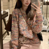 Fongt Rainbow Sweater Cardigan Coat Female 2024 Autumn / Winter New Korean Retro Lazy Ins Small Incense Sweater-Outfit