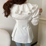 Laciness Collar Blusas Mujer Pleated Tunic Shirts Blouses Elegant Chic Fungus Shirt Tops Spring New Clothes Women-Outfit