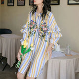 Summer Floral Embroidery Dresses Contrasting Colors Striped Female Single-breasted Ruffles Spliced Straight Midi Dress-Outfit
