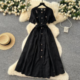Fongt Dress French Retro Heavy Industry Hollow Embroidery Round Neck-Waist Short-Sleeved Dress Female Thin Single Row Buckle Long Skirt